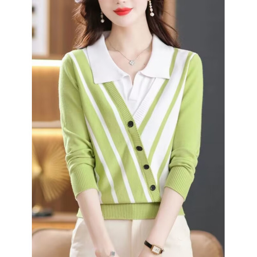 2025春裝新款假兩件毛衣針織衫女薄款條紋上衣氣質顯瘦時尚打底衫