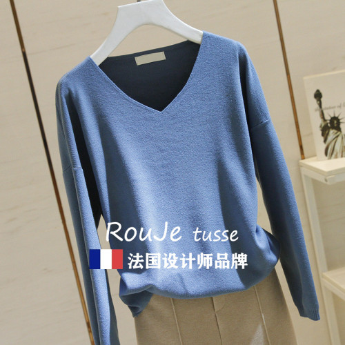 專櫃針織衫女套頭短款2025春季款韓版寬松長袖V領毛衣打底衫上衣