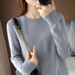 精紡細支羊毛針織打底衫女圓領春夏薄款修身顯瘦毛衣內搭簡約韓版