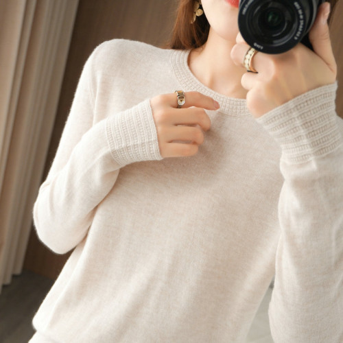 精紡細支羊毛針織打底衫女圓領春夏薄款修身顯瘦毛衣內搭簡約韓版