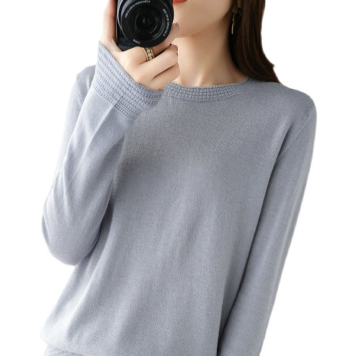 精紡細支羊毛針織打底衫女圓領春夏薄款修身顯瘦毛衣內搭簡約韓版
