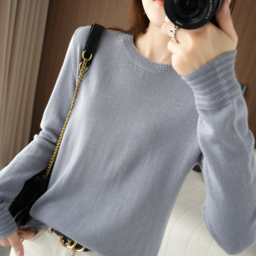 精紡細支羊毛針織打底衫女圓領春夏薄款修身顯瘦毛衣內搭簡約韓版