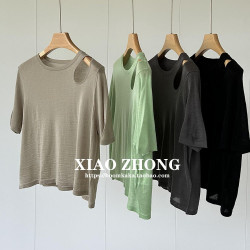 肩部鏤空設計薄款圓領五分短袖針織衫，顯瘦短款綿羊毛打底衫女夏