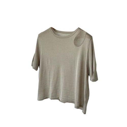 肩部鏤空設計薄款圓領五分短袖針織衫，顯瘦短款綿羊毛打底衫女夏