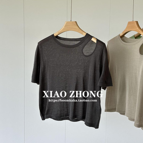 肩部鏤空設計薄款圓領五分短袖針織衫，顯瘦短款綿羊毛打底衫女夏