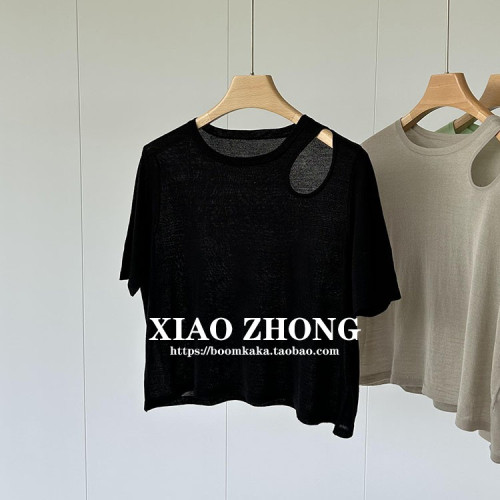 肩部鏤空設計薄款圓領五分短袖針織衫，顯瘦短款綿羊毛打底衫女夏