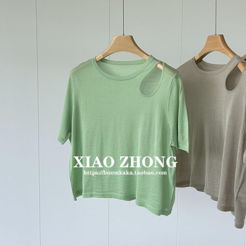 肩部鏤空設計薄款圓領五分短袖針織衫，顯瘦短款綿羊毛打底衫女夏