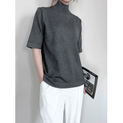 春秋冬寬松大碼半高圓領五分袖毛針織衫內搭打底衫半袖純色女上衣