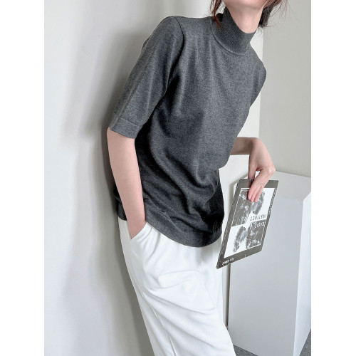 春秋冬寬松大碼半高圓領五分袖毛針織衫內搭打底衫半袖純色女上衣