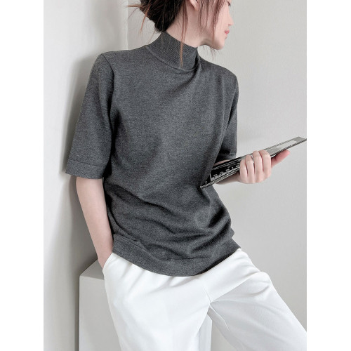 春秋冬寬松大碼半高圓領五分袖毛針織衫內搭打底衫半袖純色女上衣