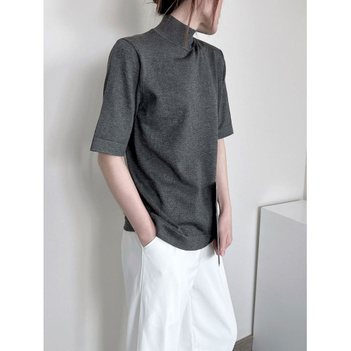 春秋冬寬松大碼半高圓領五分袖毛針織衫內搭打底衫半袖純色女上衣