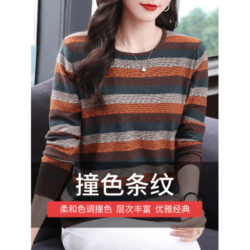 圓領條紋針織衫女士毛衣春秋2025新款套頭長袖上衣大碼打底衫內搭