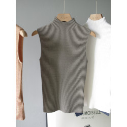 敭子紗高領褶皺中袖美麗諾羊毛針織衫修身無袖上衣打底衫女薄顯瘦