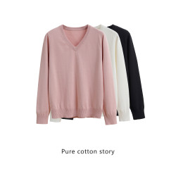 櫃貨！100%長絨棉 棉中貴族v領毛衣打底衫女士套頭針織衫上衣薄款