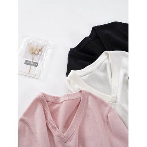 櫃貨！100%長絨棉 棉中貴族v領毛衣打底衫女士套頭針織衫上衣薄款