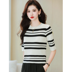 薄款條紋針織衫女半袖秋季女裝2025新款打底衫小個子短款中袖上衣