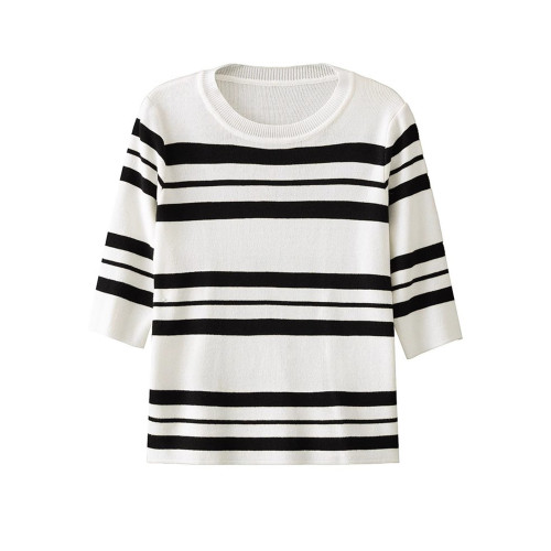 薄款條紋針織衫女半袖秋季女裝2025新款打底衫小個子短款中袖上衣