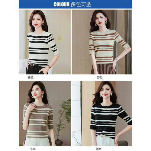 薄款條紋針織衫女半袖秋季女裝2025新款打底衫小個子短款中袖上衣
