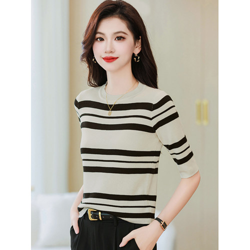 薄款條紋針織衫女半袖秋季女裝2025新款打底衫小個子短款中袖上衣