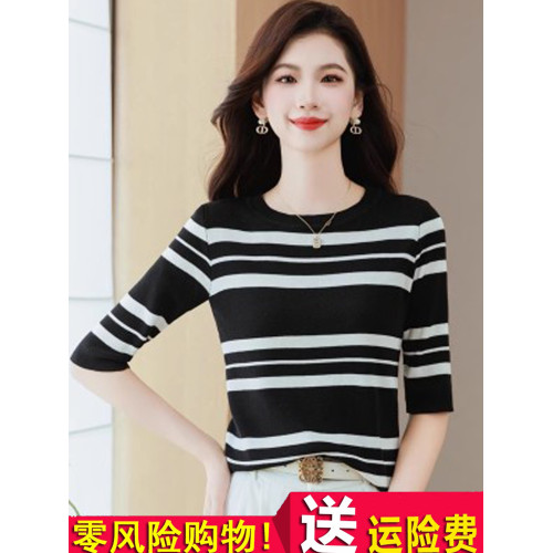 薄款條紋針織衫女半袖秋季女裝2025新款打底衫小個子短款中袖上衣