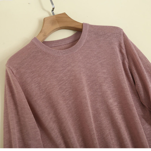 夏季女士亞麻短袖針織衫打底衫寬松套頭純色薄款透視性感顯瘦