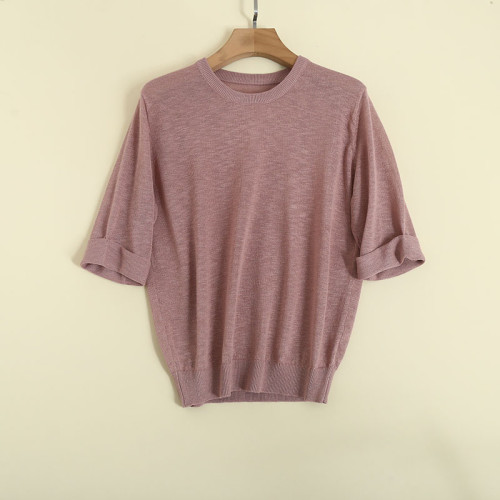 夏季女士亞麻短袖針織衫打底衫寬松套頭純色薄款透視性感顯瘦