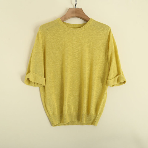 夏季女士亞麻短袖針織衫打底衫寬松套頭純色薄款透視性感顯瘦