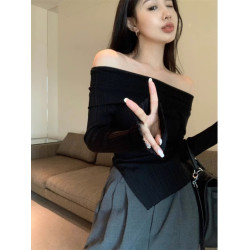 純欲黑色一字肩毛衣女早春秋性感內搭慵懶打底衫高級感針織衫上衣