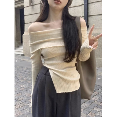 純欲黑色一字肩毛衣女早春秋性感內搭慵懶打底衫高級感針織衫上衣