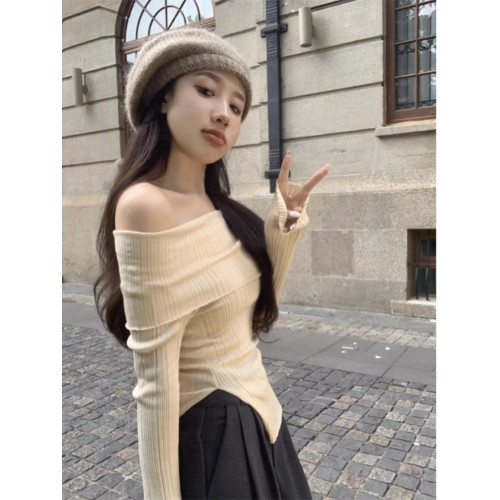 純欲黑色一字肩毛衣女早春秋性感內搭慵懶打底衫高級感針織衫上衣