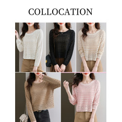 秋季高腰鏤空針織衫女短款秋裝2025年新款薄款長袖上衣春秋打底衫