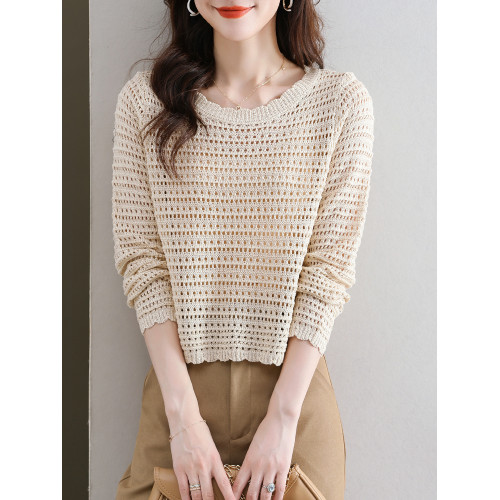 秋季高腰鏤空針織衫女短款秋裝2025年新款薄款長袖上衣春秋打底衫