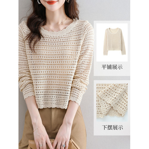 秋季高腰鏤空針織衫女短款秋裝2025年新款薄款長袖上衣春秋打底衫