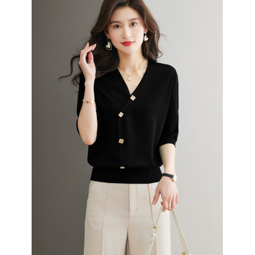 早秋媽媽綠色V領冰絲針織衫女薄款七分袖夏季寬松中袖打底衫上衣