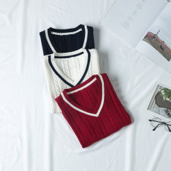 純棉背心女V領無袖馬甲麻花全棉寬松大碼打底衫毛衣JK製服針織衫