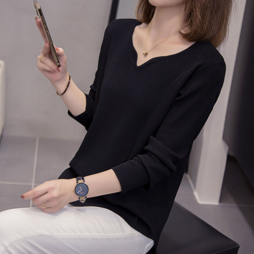 胖mm遮肚顯瘦v領長袖針織打底衫女秋冬新款大碼減齡內搭女士毛衣