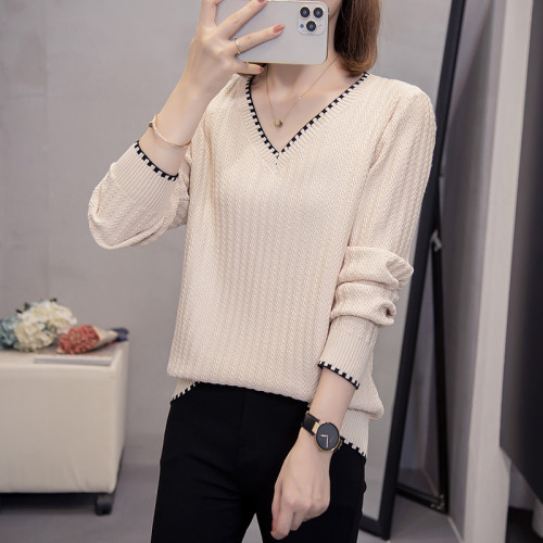 胖mm遮肚顯瘦v領長袖針織打底衫2023新款女秋冬內搭減齡女士毛衣