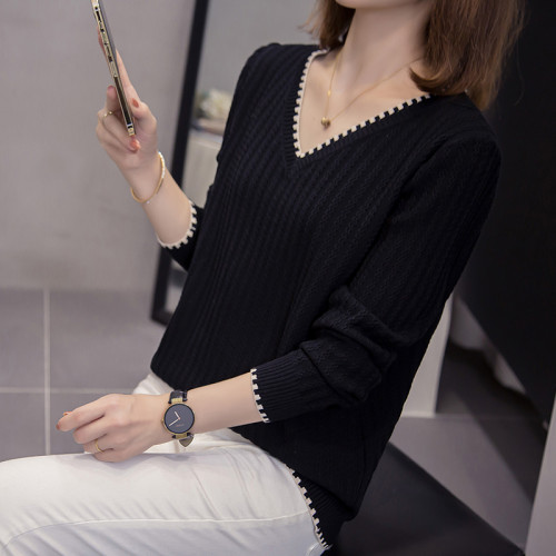 胖mm遮肚顯瘦v領長袖針織打底衫2023新款女秋冬內搭減齡女士毛衣