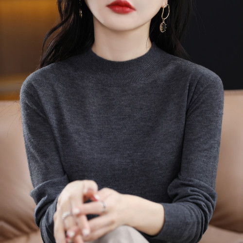 精紡純羊毛衫女洋氣半高領針織衫春秋新款薄毛衣長袖短款打底衫