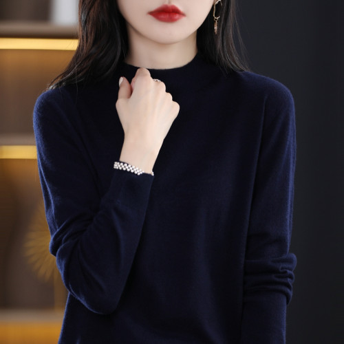 精紡純羊毛衫女洋氣半高領針織衫春秋新款薄毛衣長袖短款打底衫