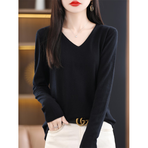 羊絨v領打底衫女內搭毛衣秋冬羊毛薄款2025新款長袖針織黑色上衣