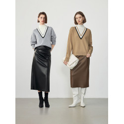 朗姿羊毛假兩件立領毛針織衫冬季新款氣質女士套頭內搭打底衫上衣