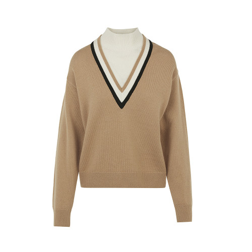 朗姿羊毛假兩件立領毛針織衫冬季新款氣質女士套頭內搭打底衫上衣