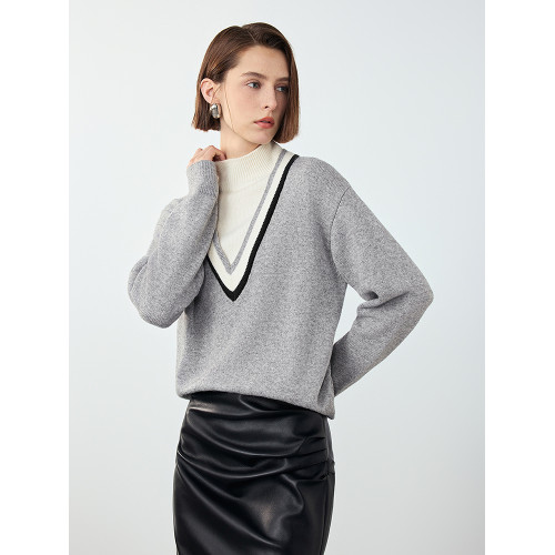 朗姿羊毛假兩件立領毛針織衫冬季新款氣質女士套頭內搭打底衫上衣