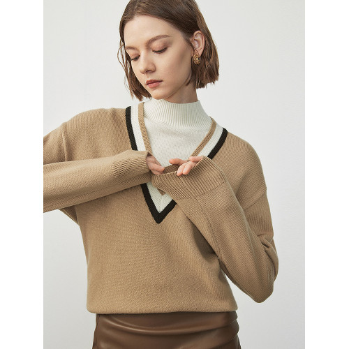 朗姿羊毛假兩件立領毛針織衫冬季新款氣質女士套頭內搭打底衫上衣