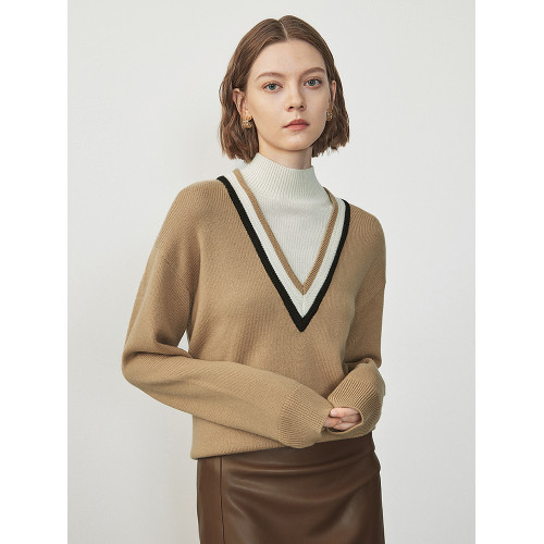 朗姿羊毛假兩件立領毛針織衫冬季新款氣質女士套頭內搭打底衫上衣