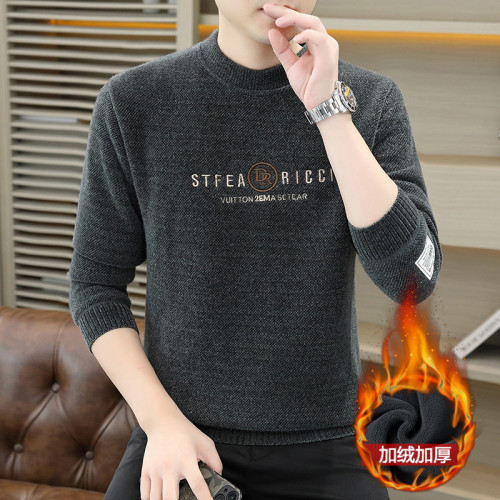 一體絨圓領毛衣男士加絨加厚針織打底衫2025冬季保暖羊毛衫上衣潮