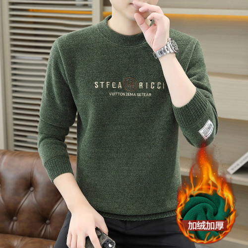 一體絨圓領毛衣男士加絨加厚針織打底衫2025冬季保暖羊毛衫上衣潮