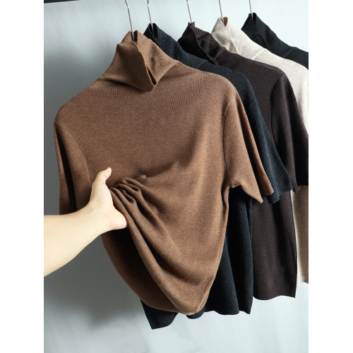 2025春秋款高領短袖內搭打底衫女羊毛針織毛衣堆堆領套頭氣質上衣