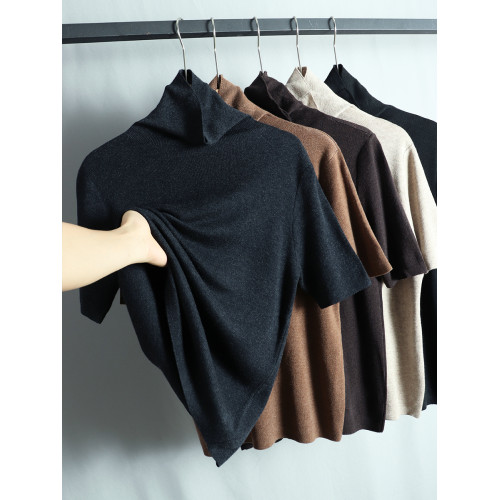 2025春秋款高領短袖內搭打底衫女羊毛針織毛衣堆堆領套頭氣質上衣